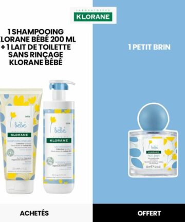 KLORANE Bébé Shampooing 200ml+1 Lait sans Rinçage 500ml = 1 Petit Brin OFFERT